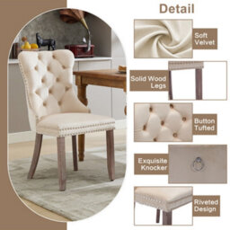 Abrihome Modern Set Of 2 Upholstered Velvet Dining Chairs, Button Tufted Kitchen Lounge Chairs With Solid Wood Legs, For Dining Room, Beige - thumbnail 4