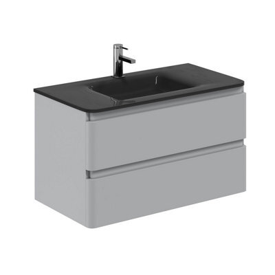 Plum&clay Marvel Gloss Light Grey Wall Hung Bathroom Vanity Unit With Grey Glass Basin (W)900mm - image 1