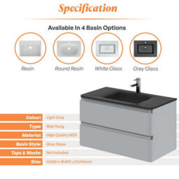 Plum&clay Marvel Gloss Light Grey Wall Hung Bathroom Vanity Unit With Grey Glass Basin (W)900mm - thumbnail 5