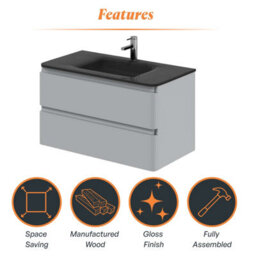 Plum&clay Marvel Gloss Light Grey Wall Hung Bathroom Vanity Unit With Grey Glass Basin (W)900mm - thumbnail 6