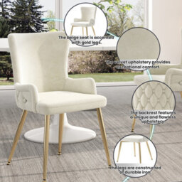 Velvet Luxurious Living Room & Bedroom Chair With Four Gold-Coloured Metal Legs, Beige, Set Of 2 - thumbnail 4