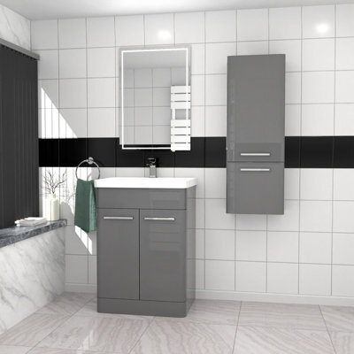 Nes Home 600mm Freestanding Grey Basin Vanity & 350mm Wall Hung Tall Cabinet Set - image 1