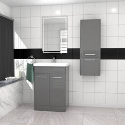 Nes Home 600mm Freestanding Grey Basin Vanity & 350mm Wall Hung Tall Cabinet Set - thumbnail 1