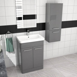 Nes Home 600mm Freestanding Grey Basin Vanity & 350mm Wall Hung Tall Cabinet Set - thumbnail 2