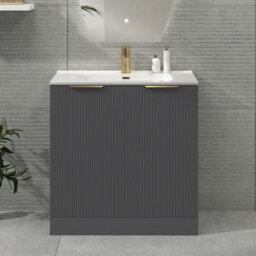 Royal Bathrooms Evora 800mm Graphite Grey Fluted Floor Standing Bathroom Vanity Unit 2 Door Cabinet With Ceramic Basin & Brushed Brass Handles