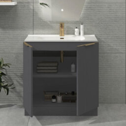 Royal Bathrooms Evora 800mm Graphite Grey Fluted Floor Standing Bathroom Vanity Unit 2 Door Cabinet With Ceramic Basin & Brushed Brass Handles - thumbnail 3