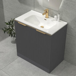 Royal Bathrooms Evora 800mm Graphite Grey Fluted Floor Standing Bathroom Vanity Unit 2 Door Cabinet With Ceramic Basin & Brushed Brass Handles - thumbnail 4