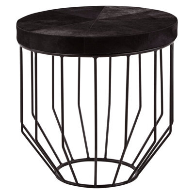Orsina Black Leather Top Round Side Table, Hair On Hide Leather With Iron Wire Frame, Boutique Style Accent Table - image 1