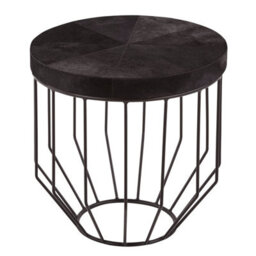 Orsina Black Leather Top Round Side Table, Hair On Hide Leather With Iron Wire Frame, Boutique Style Accent Table - thumbnail 3