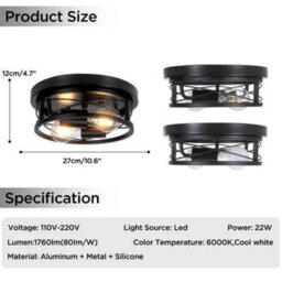 Black Round Flush Ceiling Light, Fitting For Bathroom, Kitchen, Hallway And Living Room - thumbnail 2