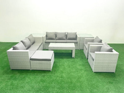 Fimous Outdoor Garden Furniture Rattan Sofa Set 2 Armchairs Oblong Coffee Table Big Stool 2 Side Tables Light Grey - image 1
