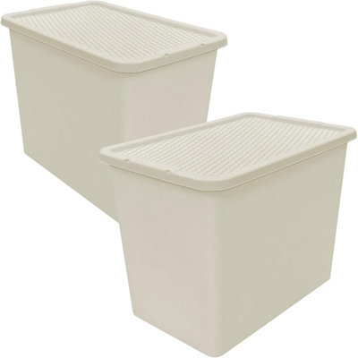 Storm Trading Group 2 X Cream 80L Rattan Effect Large Plastic Stackable Home Office Storage Containers With Lids - image 1