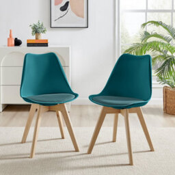 Furniturebox Set Of 2 Dining Chairs - Stockholm Scandi Dining Chairs - Blue Plastic Wood Leg Dining Chairs - Kitchen Dining Room Chairs