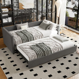 Btm 3Ft Single Upholstered Daybed 90X190Cm With Pull Out Bed Converts To Double Bed Linen Grey Easy Assembly - thumbnail 1
