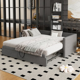 Btm 3Ft Single Upholstered Daybed 90X190Cm With Pull Out Bed Converts To Double Bed Linen Grey Easy Assembly - thumbnail 3