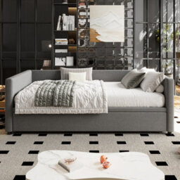 Btm 3Ft Single Upholstered Daybed 90X190Cm With Pull Out Bed Converts To Double Bed Linen Grey Easy Assembly - thumbnail 2