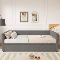 Btm 3Ft Single Upholstered Daybed 90X190Cm With Pull Out Bed Converts To Double Bed Linen Grey Easy Assembly - thumbnail 5