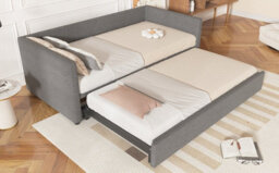 Btm 3Ft Single Upholstered Daybed 90X190Cm With Pull Out Bed Converts To Double Bed Linen Grey Easy Assembly - thumbnail 4