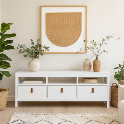 Wyld Haus Wildberry Matt White Tv Unit - 3 Drawers With Leather Handles - image 1