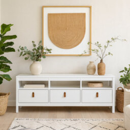 Wyld Haus Wildberry Matt White Tv Unit - 3 Drawers With Leather Handles - thumbnail 1