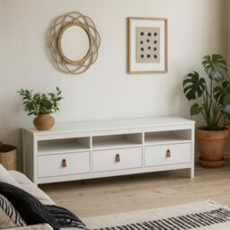 Wyld Haus Wildberry Matt White Tv Unit - 3 Drawers With Leather Handles - thumbnail 2