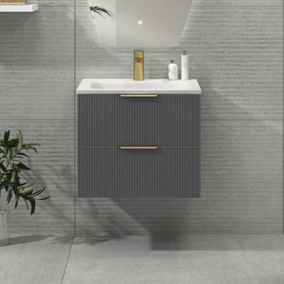 Royal Bathrooms Evora 600mm Graphite Grey Fluted Wall Hung Bathroom Vanity Unit 2 Drawer Cabinet Storage With Stone Basin & Brushed Brass Handles - image 1