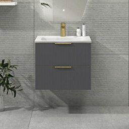 Royal Bathrooms Evora 600mm Graphite Grey Fluted Wall Hung Bathroom Vanity Unit 2 Drawer Cabinet Storage With Stone Basin & Brushed Brass Handles