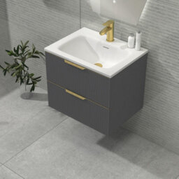 Royal Bathrooms Evora 600mm Graphite Grey Fluted Wall Hung Bathroom Vanity Unit 2 Drawer Cabinet Storage With Stone Basin & Brushed Brass Handles - thumbnail 6