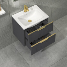 Royal Bathrooms Evora 600mm Graphite Grey Fluted Wall Hung Bathroom Vanity Unit 2 Drawer Cabinet Storage With Stone Basin & Brushed Brass Handles - thumbnail 5