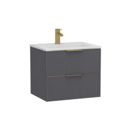 Royal Bathrooms Evora 600mm Graphite Grey Fluted Wall Hung Bathroom Vanity Unit 2 Drawer Cabinet Storage With Stone Basin & Brushed Brass Handles - thumbnail 7