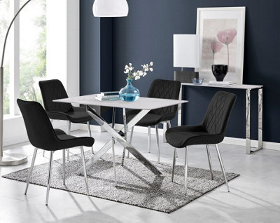 Furniturebox Uk Leonardo White Glass Marble Effect Silver Leg Table & 4 Black Pesaro Silver Chairs - image 1