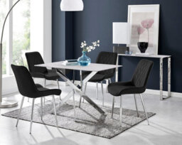 Furniturebox Uk Leonardo White Glass Marble Effect Silver Leg Table & 4 Black Pesaro Silver Chairs