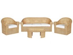 Wyld and Coco Verdantnest 5 Seater Garden Sofa Set - Natural Rattan With White Cotton Cushions, 3-Seater + 2 Armchairs + Oval Coffee Table - thumbnail 3