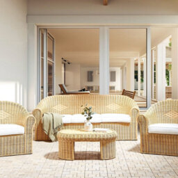 Wyld and Coco Verdantnest 5 Seater Garden Sofa Set - Natural Rattan With White Cotton Cushions, 3-Seater + 2 Armchairs + Oval Coffee Table - thumbnail 2