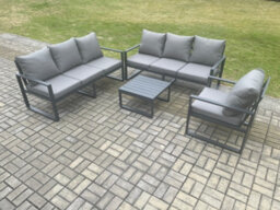 Fimous Aluminium 7 Seater Outdoor Garden Furniture Lounge Sofa Set With Square Coffee Table Chair Dark Grey - thumbnail 2