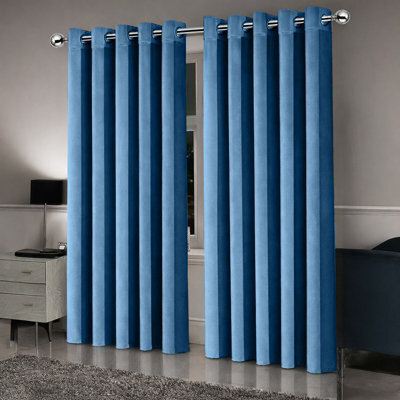 Oxford Homeware Eyelet Linen Effect Curtains Blue Fully Lined 100% Blackout Thermal Insulated Curtain Pair (W)168Cmx(L)228Cm - image 1
