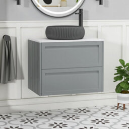 Royal Bathrooms Royal Bathroom Elmore 700mm Matt Pebble Grey Wall Mounted Countertop Bathroom Vanity Unit 2 Drawer With Milan Black Basin - thumbnail 1