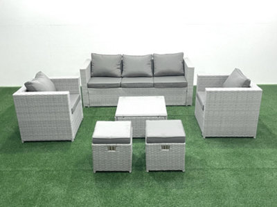 Fimous 7 Seater Rattan Garden Furniture Set 3 Seater Sofa 2 Chair Square Coffee Table 2 Small Stools Light Grey - image 1
