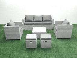 Fimous 7 Seater Rattan Garden Furniture Set 3 Seater Sofa 2 Chair Square Coffee Table 2 Small Stools Light Grey - thumbnail 1