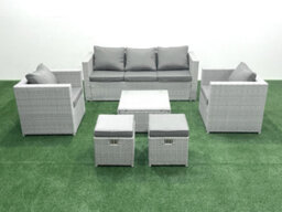 Fimous 7 Seater Rattan Garden Furniture Set 3 Seater Sofa 2 Chair Square Coffee Table 2 Small Stools Light Grey - thumbnail 2