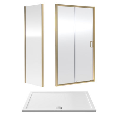 Balterley Ruwa 6mm Toughened Safety Glass Sliding Shower Door, Side Panel And Shower Tray - 1400 X 900 X 1900mm - Brushed Brass/white - image 1