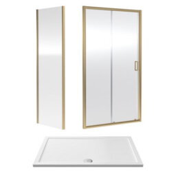 Balterley Ruwa 6mm Toughened Safety Glass Sliding Shower Door, Side Panel And Shower Tray - 1400 X 900 X 1900mm - Brushed Brass/white