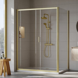 Balterley Ruwa 6mm Toughened Safety Glass Sliding Shower Door, Side Panel And Shower Tray - 1400 X 900 X 1900mm - Brushed Brass/white - thumbnail 3