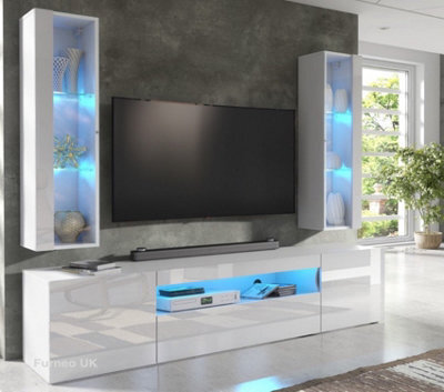 Furneo High Gloss & Matt White Living Room Set Tv Stand Display Cabinets Artclif 8 Blue Led Lights - image 1