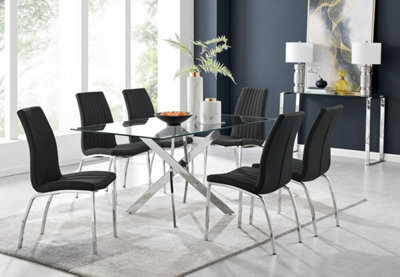 Furniturebox Uk Leonardo Glass And Chrome Metal Dining Table And 6 Black Isco Faux Leather Chairs - image 1