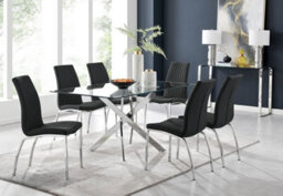 Furniturebox Uk Leonardo Glass And Chrome Metal Dining Table And 6 Black Isco Faux Leather Chairs - thumbnail 1