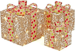 Gold Glitter Christmas Gift Boxes, 3-Pack, Battery-Powered, White Berry Decoration