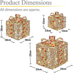 Gold Glitter Christmas Gift Boxes, 3-Pack, Battery-Powered, White Berry Decoration - thumbnail 7