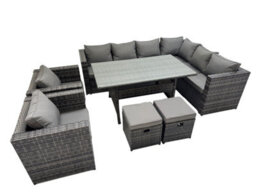 Fimous Rattan Garden Furniture Set Outdoor 10 Seater Patio Corner Sofa Sets With Table 2 Chairs 2 Small Stools Dark Grey Mixed - thumbnail 1