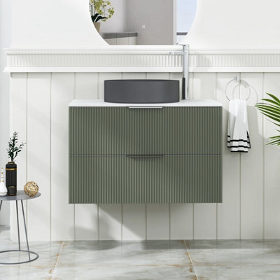 Royal Bathrooms Evora 800mm Sage Green Fluted Wall Hung Countertop Vanity Unit 2 Drawer With Art Round Basin - image 1